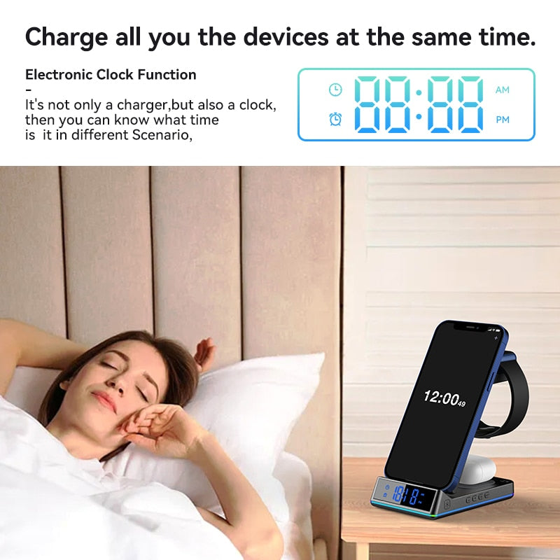 3 in 1 Wireless Charging Station For iPhone 14 13 12 11 Pro Max Apple Watch 8 7 6 AirPods LED Digital Alarm Clock Charger Stand