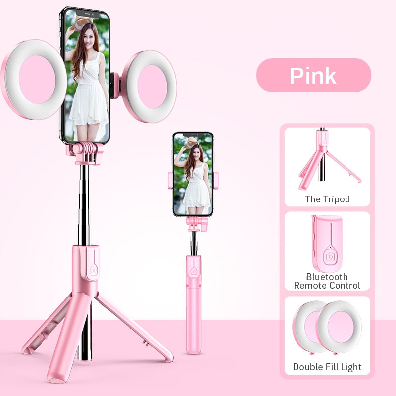 Bluetooth Selfie Stick with Led Ring Light Foldable Tripod Monopod