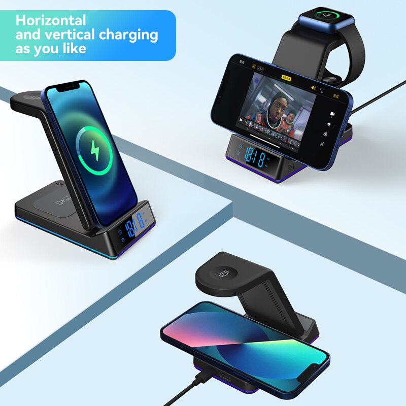 3 in 1 Wireless Charging Station For iPhone 14 13 12 11 Pro Max Apple Watch 8 7 6 AirPods LED Digital Alarm Clock Charger Stand