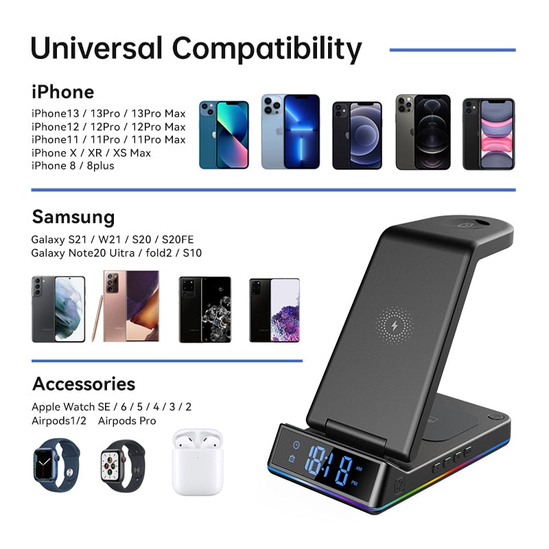 3 in 1 Wireless Charging Station For iPhone 14 13 12 11 Pro Max Apple Watch 8 7 6 AirPods LED Digital Alarm Clock Charger Stand